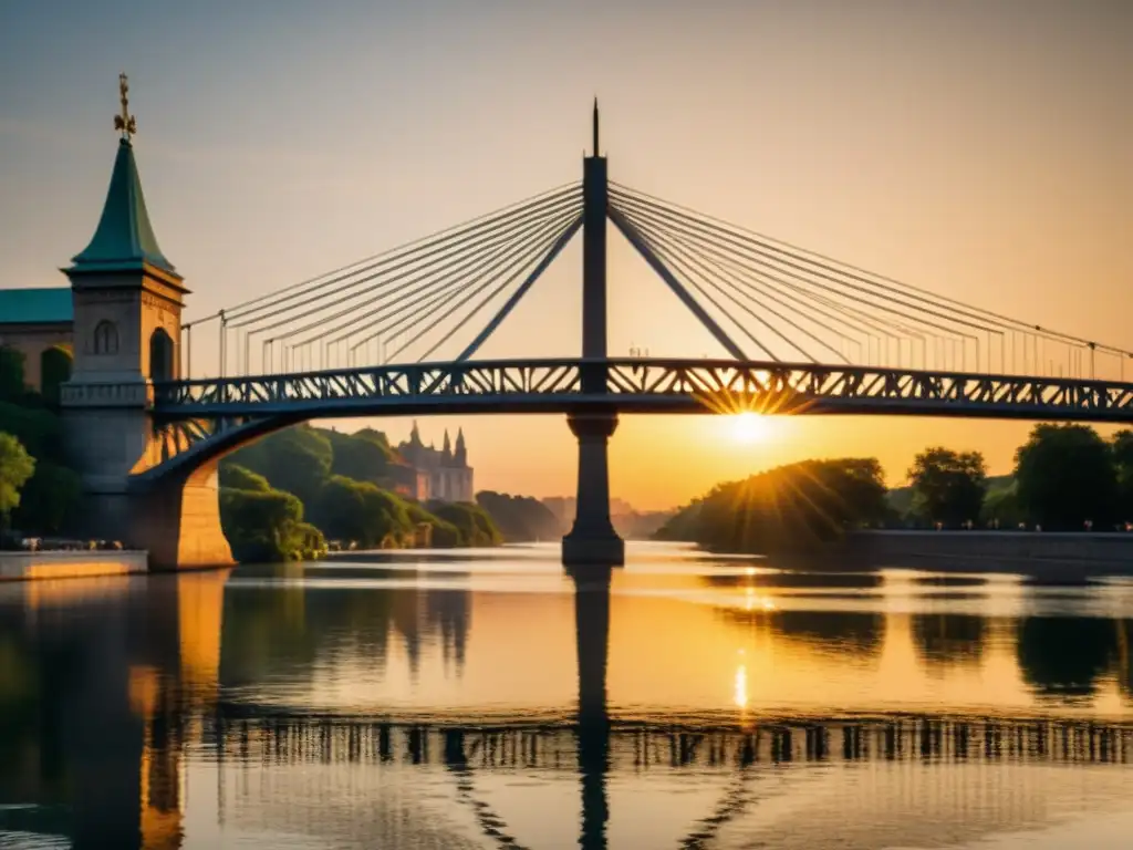 Una fotografía documental de un majestuoso puente sobre un río al atardecer