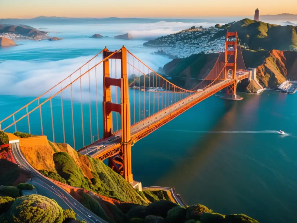 Amanecer dorado sobre el icónico puente Golden Gate en San Francisco, invitando a aprender sobre puentes icónicos del mundo