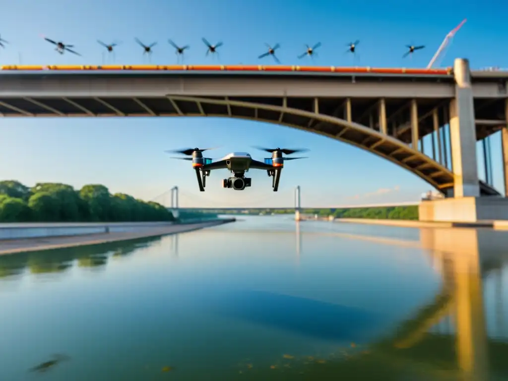 Un dron con avanzados sensores inspecciona detalladamente la infraestructura de un puente, mostrando su función en puentes