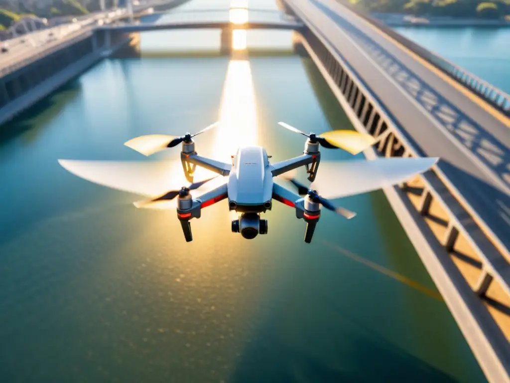 Un dron con cámaras de alta resolución sobrevuela un puente masivo, capturando su diseño intrincado