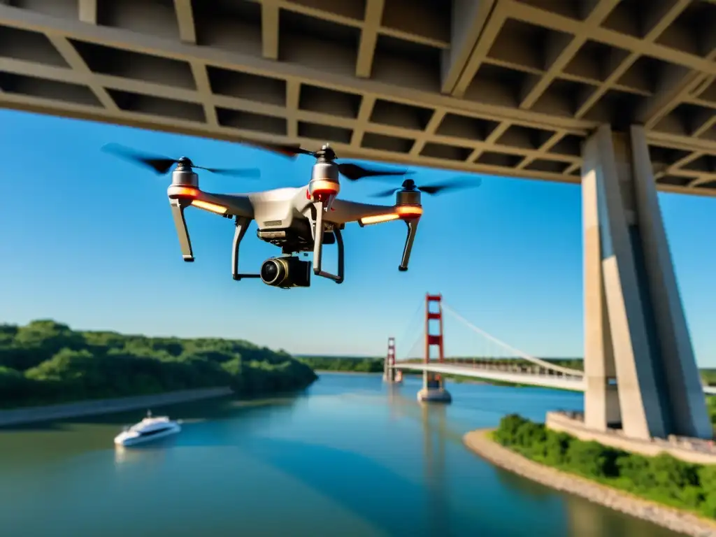 Dron realizando inspección detallada de un puente, resaltando la innovación en la inspección de puentes con drones para inspección de puentes