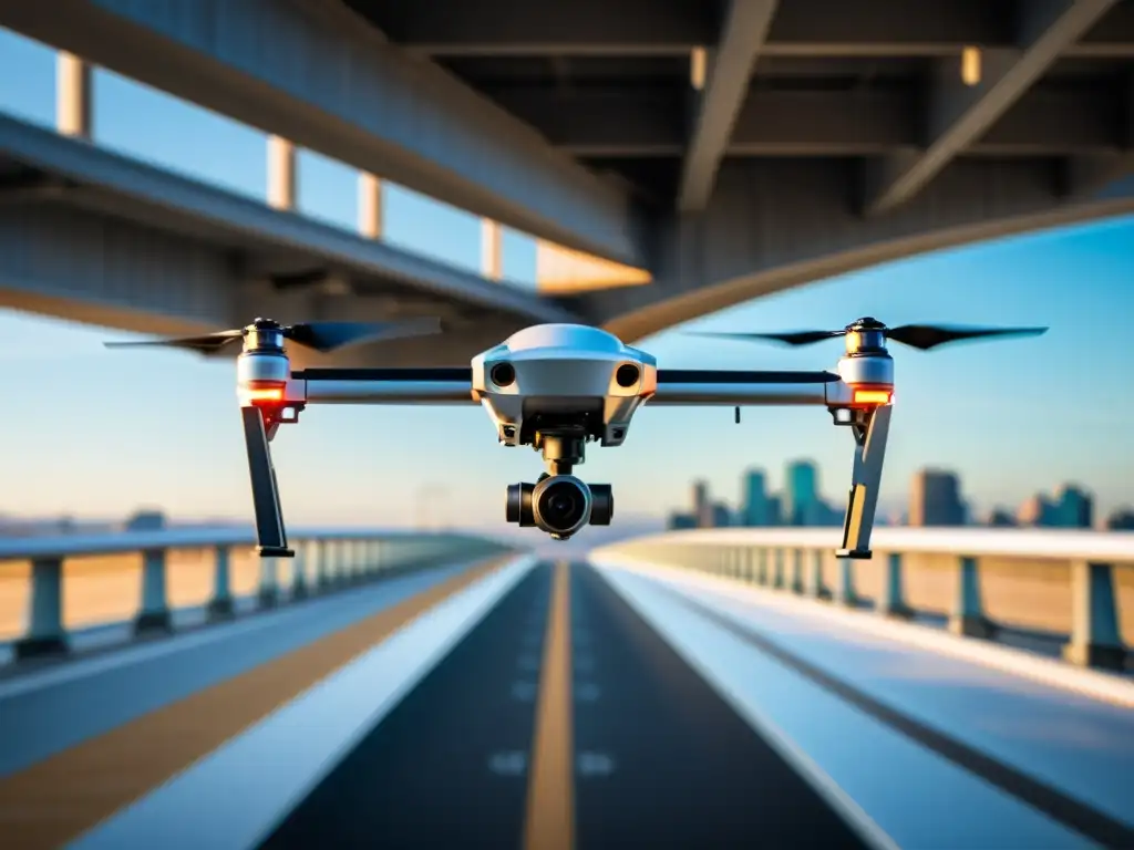 Un dron moderno captura datos estructurales de un puente, mostrando la innovación en seguridad estructural