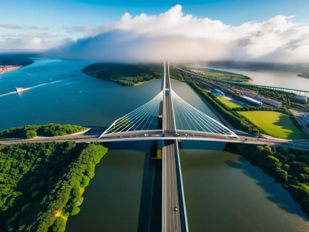 Un dron moderno inspecciona un imponente puente, capturando su estructura con alta tecnología