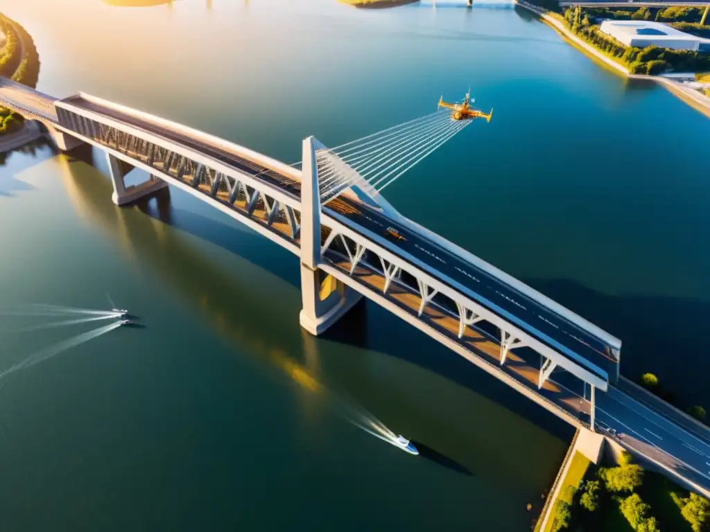 Un dron moderno captura con precisión la arquitectura de un majestuoso puente