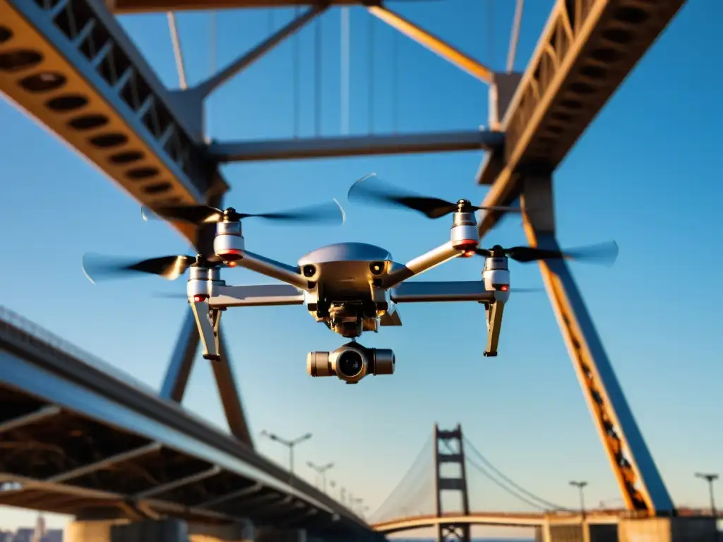 Un dron moderno inspecciona detalladamente un puente icónico