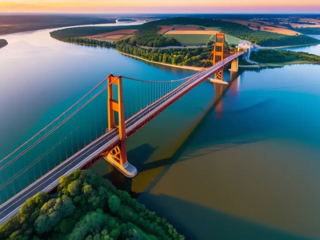 Dron captura puente icónico sobre río al atardecer, fusionando tecnología con naturaleza