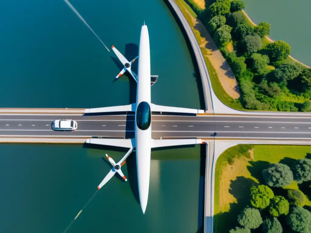 Dron de seguridad estructural inspeccionando un moderno puente, destacando la tecnología avanzada y la precisión en el escaneo de infraestructuras