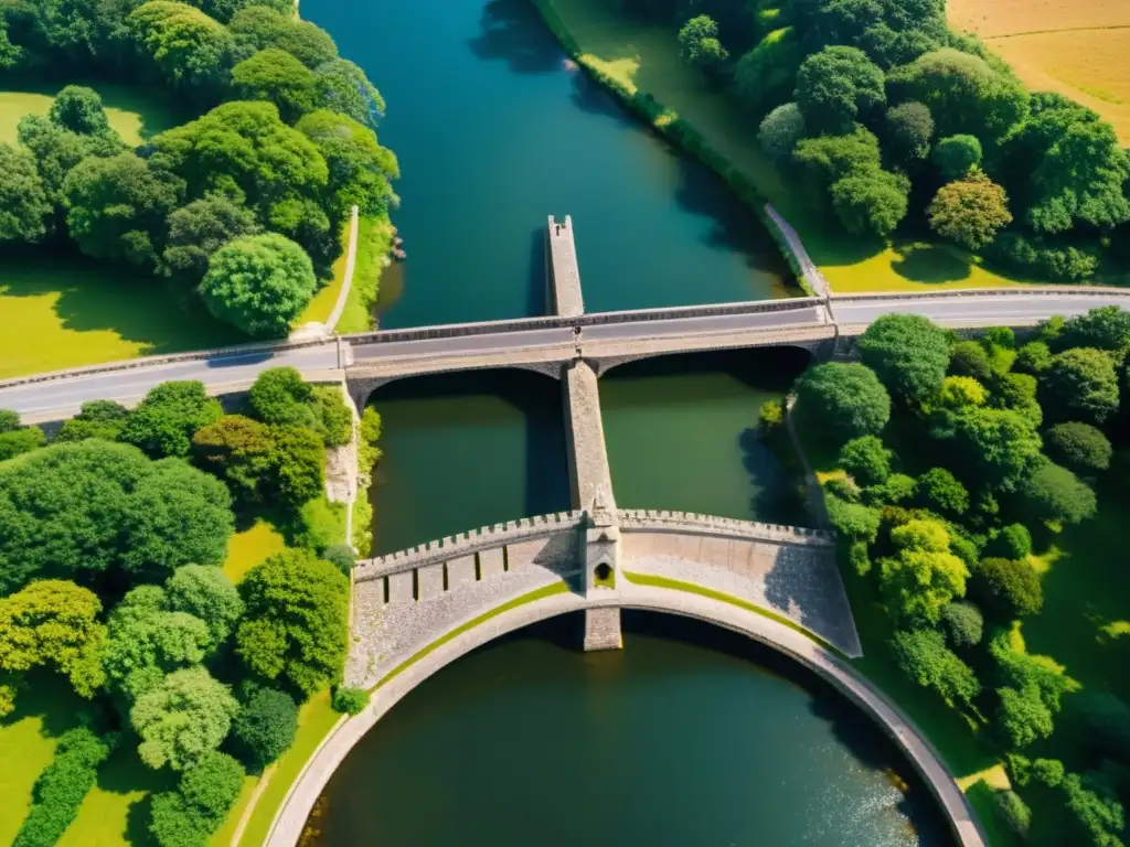 Un drone captura en alta resolución un puente antiguo, mostrando su diseño intrincado y su historia