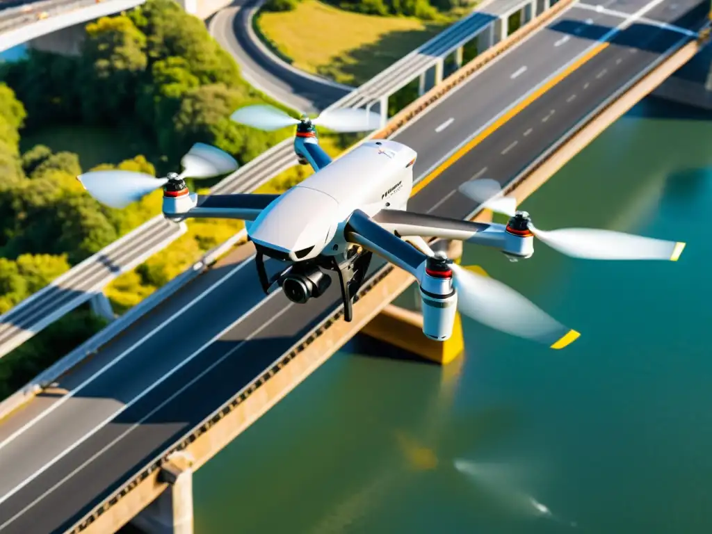 Un drone de alta tecnología captura imágenes detalladas de un puente, destacando la fotogrametría con drones en puentes