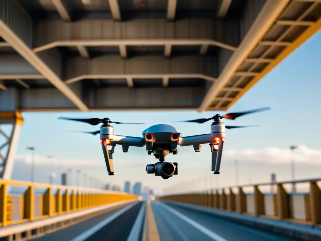 Un drone de alta tecnología se integra en el monitoreo de puentes, con sus cámaras y sensores visibles bajo un gran puente