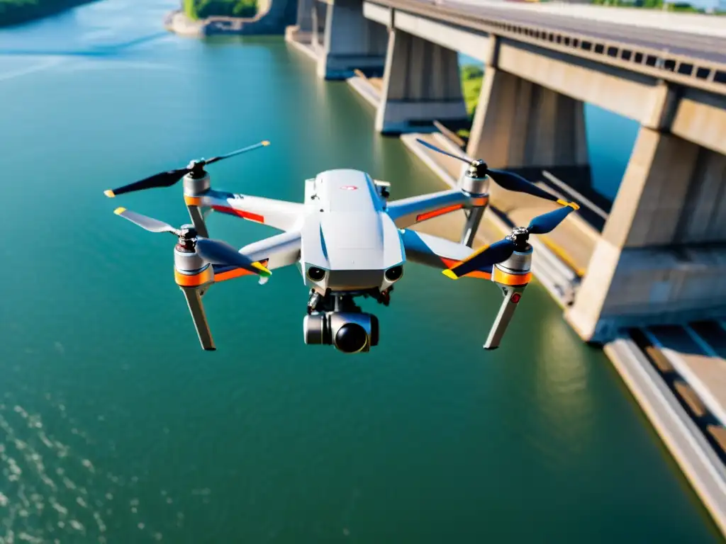 Un drone de inspección avanzada capturando imágenes detalladas de un puente, garantizando la seguridad estructural