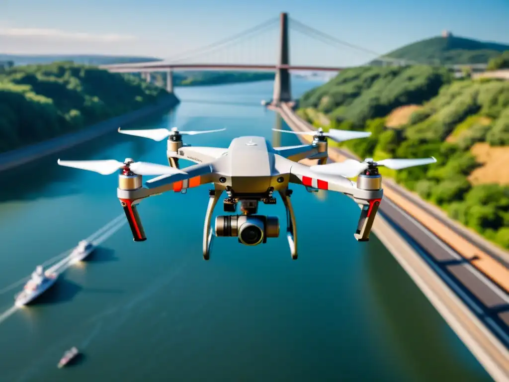 Un drone avanzado con sensores integrados sobrevuela los cables de un icónico puente, capturando la integración de drones en el monitoreo de puentes