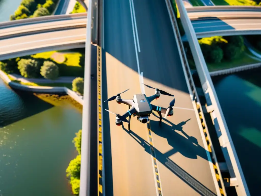 Drone capturando detalles de la infraestructura del puente, resaltando la seguridad estructural