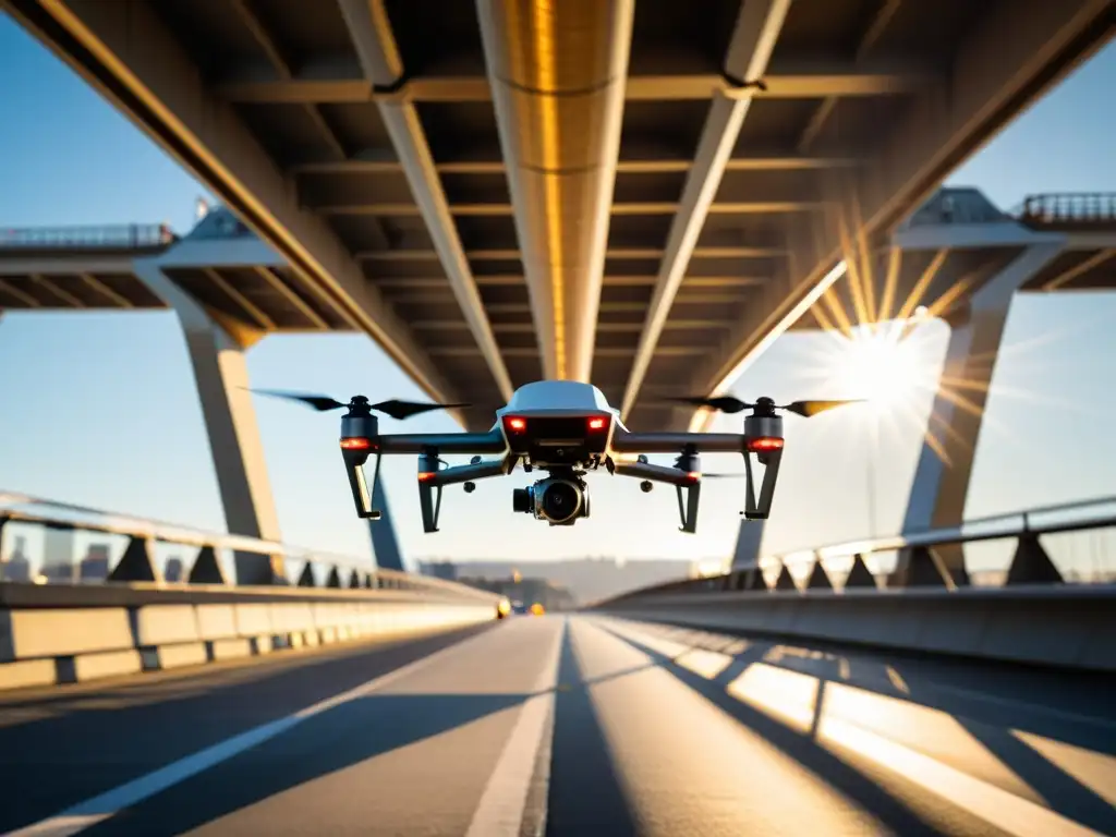 Un drone equipado con avanzados sensores y cámaras captura detalles de un puente, mostrando innovación en la arquitectura