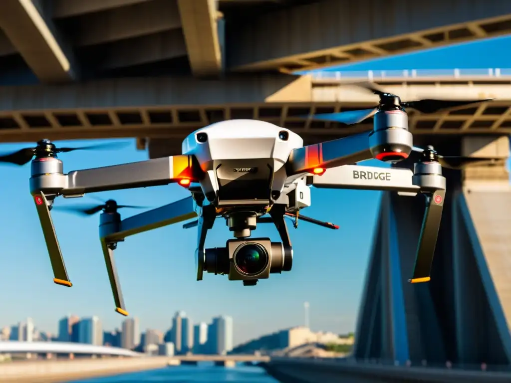 Un drone equipado con cámaras de alta resolución y sensores, capturando imágenes detalladas de la infraestructura de un puente