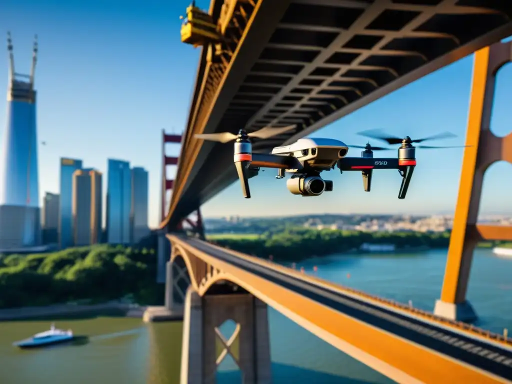 Un drone equipado con tecnología avanzada inspecciona detalladamente la majestuosa estructura de un icónico puente