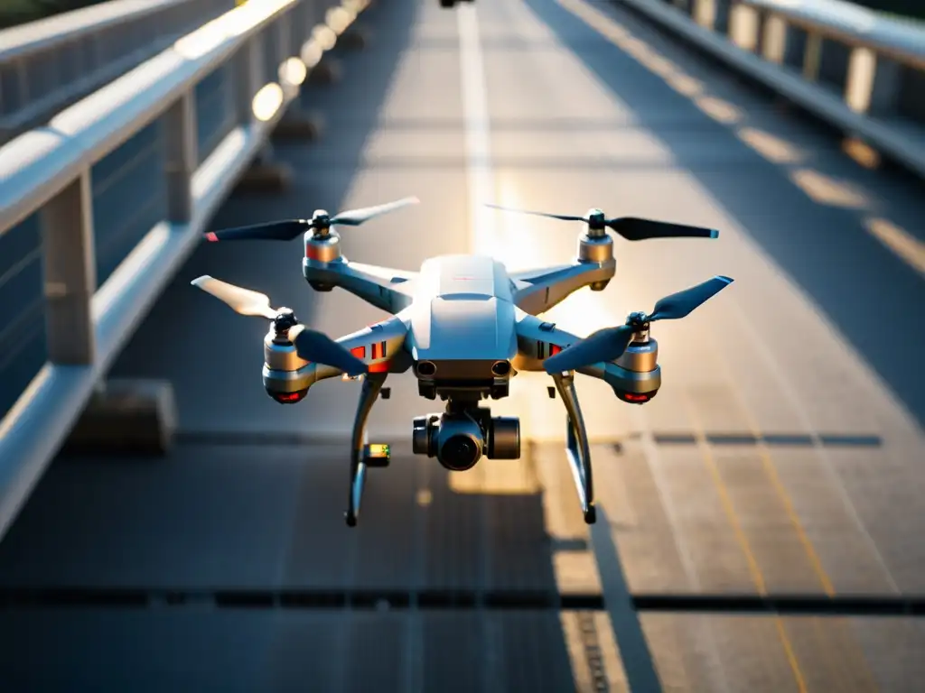 Drone especializado en inspección de puentes capturando detalles en alta resolución con sus cámaras y sensores