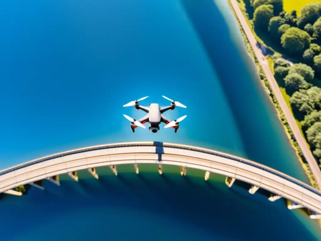 Un drone inspecciona detalladamente un imponente puente, fusionando tecnología y arquitectura