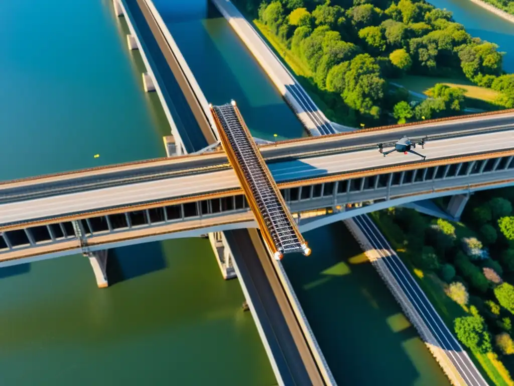 Un drone de inspección avanza sobre un puente, revelando la función de drones en puentes con su avanzada tecnología de inspección