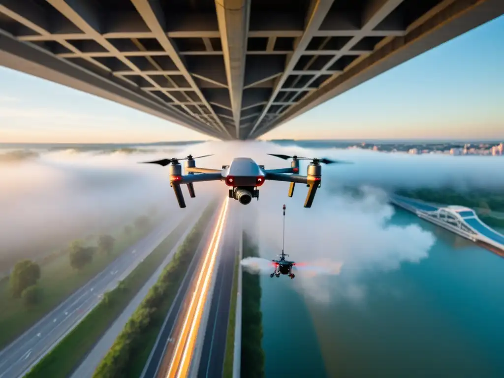 Drone de inspección con tecnología especializada capturando imágenes detalladas del puente en un ambiente neblinoso