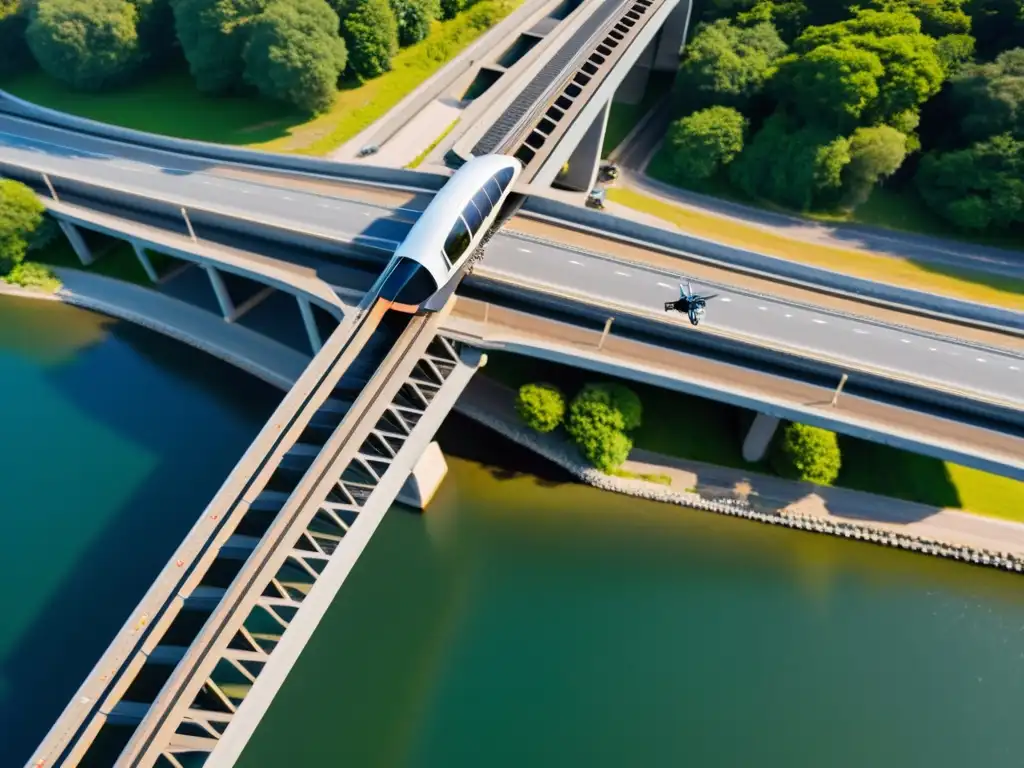 Un drone realiza una minuciosa inspección de la estructura de un puente, destacando sus detalles y tecnología