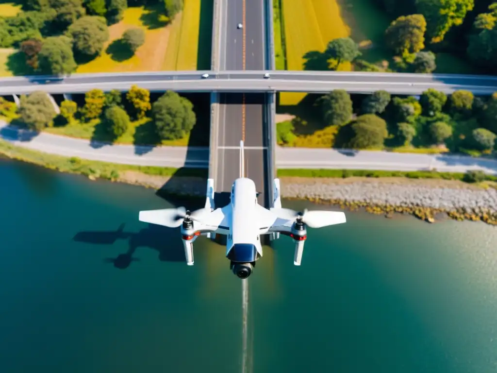 Un drone moderno inspecciona con precisión un majestuoso puente, resaltando aplicaciones especializadas en inspección de puentes con drones