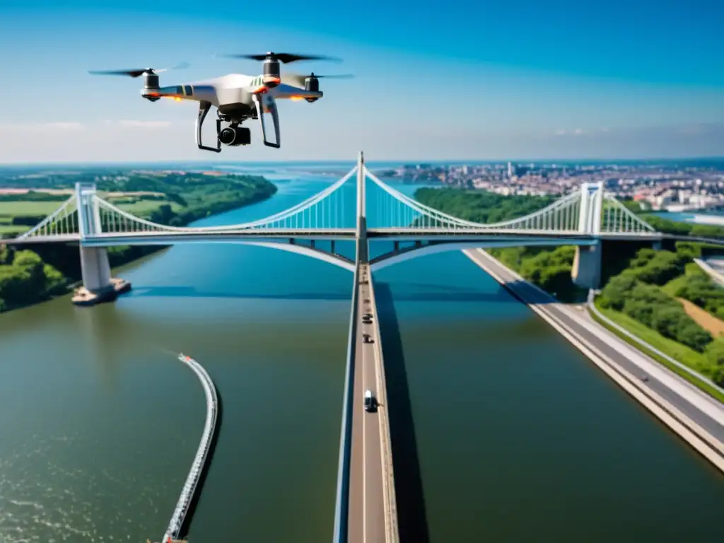 Un drone moderno inspecciona de cerca un puente, destacando su función en puentes