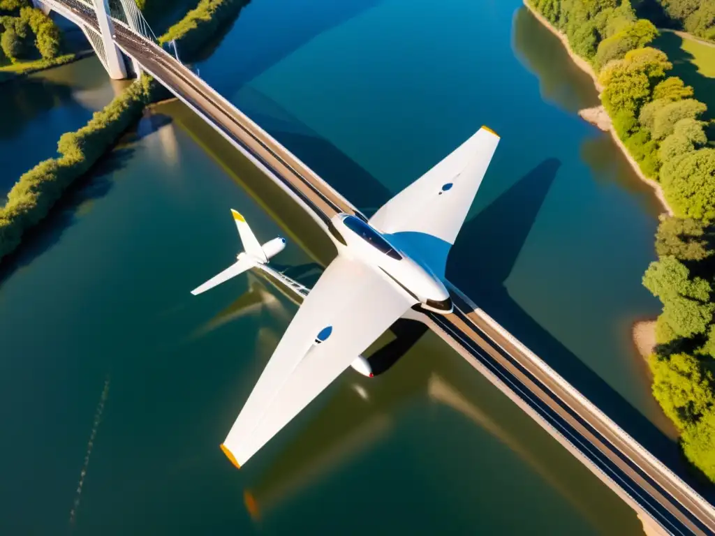 Drone moderno inspeccionando puente sobre río con sensores, reflejando innovación tecnológica