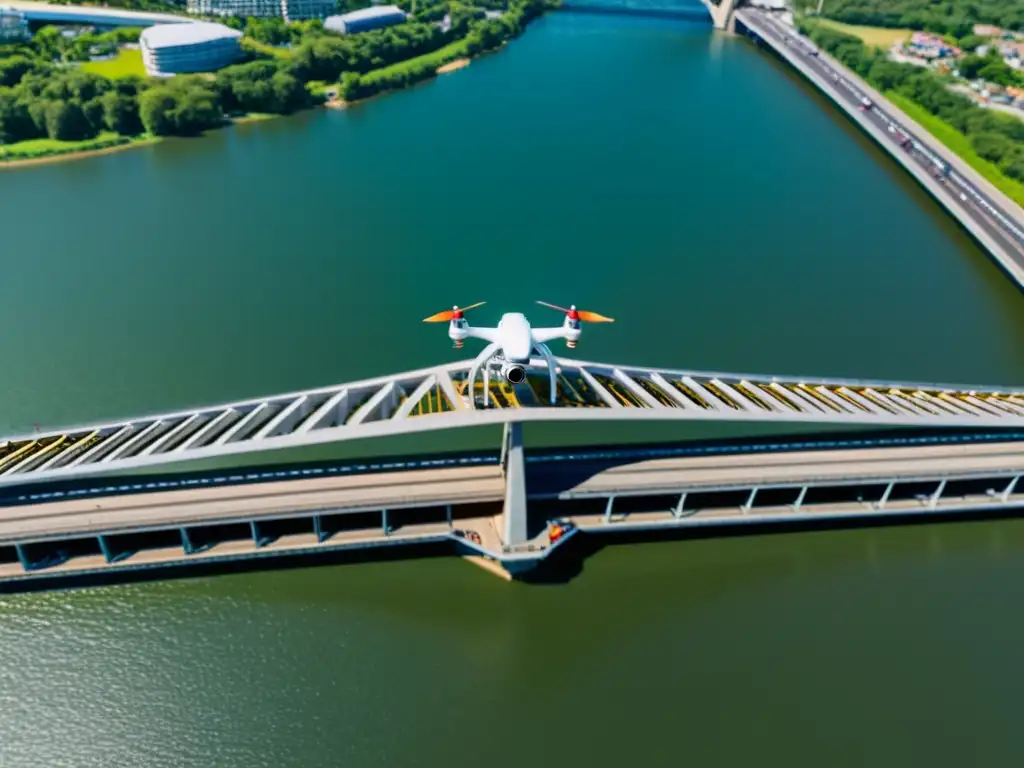 Un drone inspecciona detalladamente un puente icónico, resaltando la innovadora inspección con drones en puentes icónicos