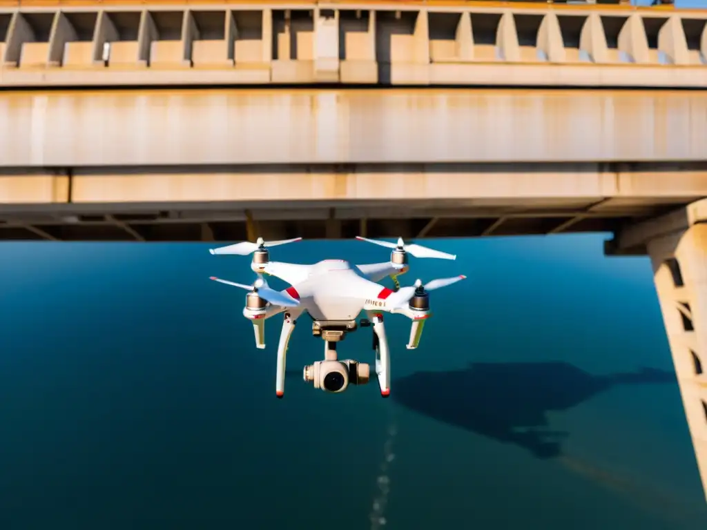 Un drone inspeccionando de cerca un puente icónico, mostrando tecnología y precisión en la inspección con drones puentes icónicos