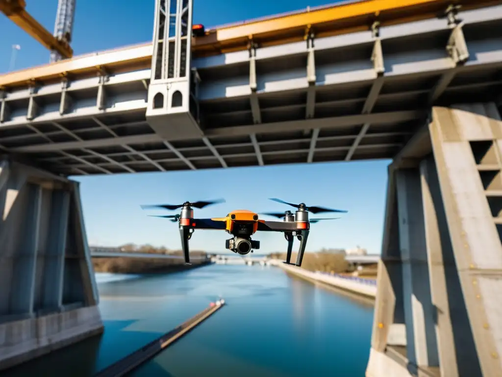 Un drone inspecciona detalladamente el puente, destacando la precisión y la tecnología en la inspección de puentes con drones