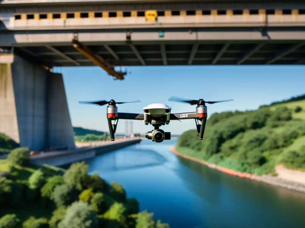 Un drone con sensores avanzados inspecciona la estructura de un puente, mostrando innovación en la inspección de puentes con drones y sensores