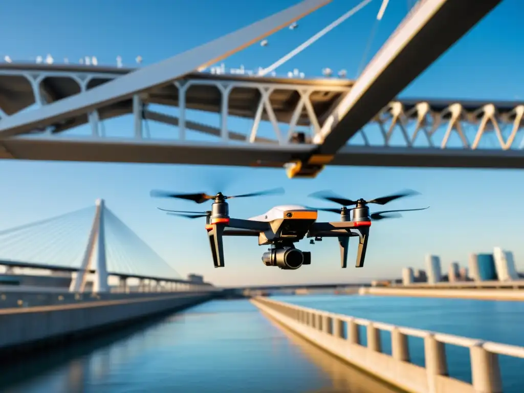 Drone con tecnología de inspección avanzada sobrevolando un puente moderno