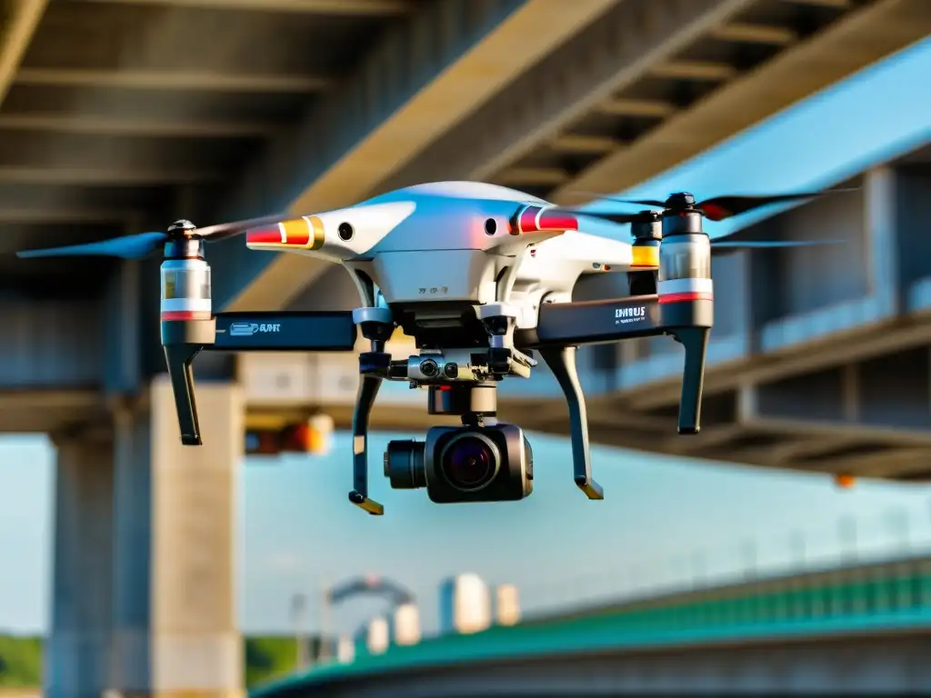 Un drone tecnológico captura detalles de un puente, resaltando su función en inspección y mantenimiento de puentes