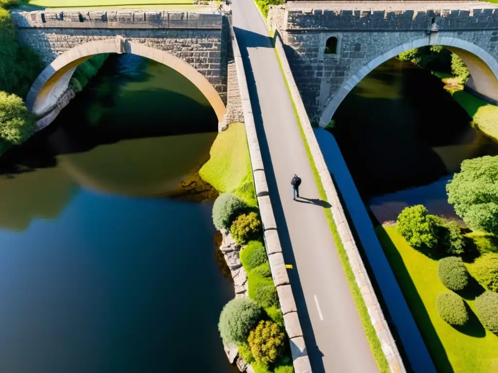 Drones inspeccionan detalladamente un antiguo puente de piedra, mostrando la restauración de puentes históricos con tecnología moderna