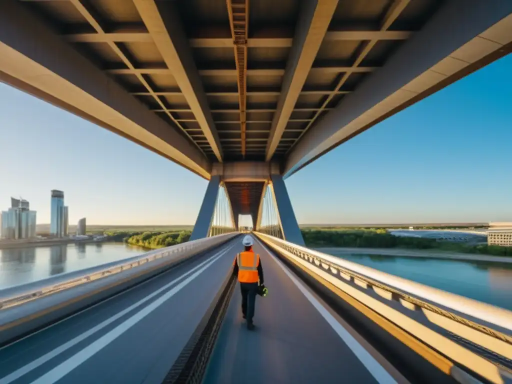 Innovación con drones: ingenieros inspeccionan detalladamente la arquitectura de un puente moderno, transmitiendo futurismo y expertise profesional