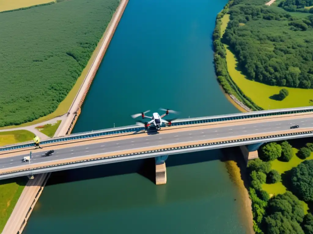 Drones para inspección de puentes: Equipo de pilotos de drones inspeccionando detalladamente un puente con tecnología avanzada