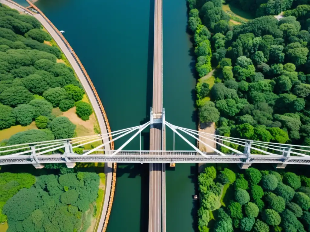 Drones para inspección de puentes: Vista aérea de un drone sobre un puente colgante de acero, revelando detalles arquitectónicos y paisaje circundante