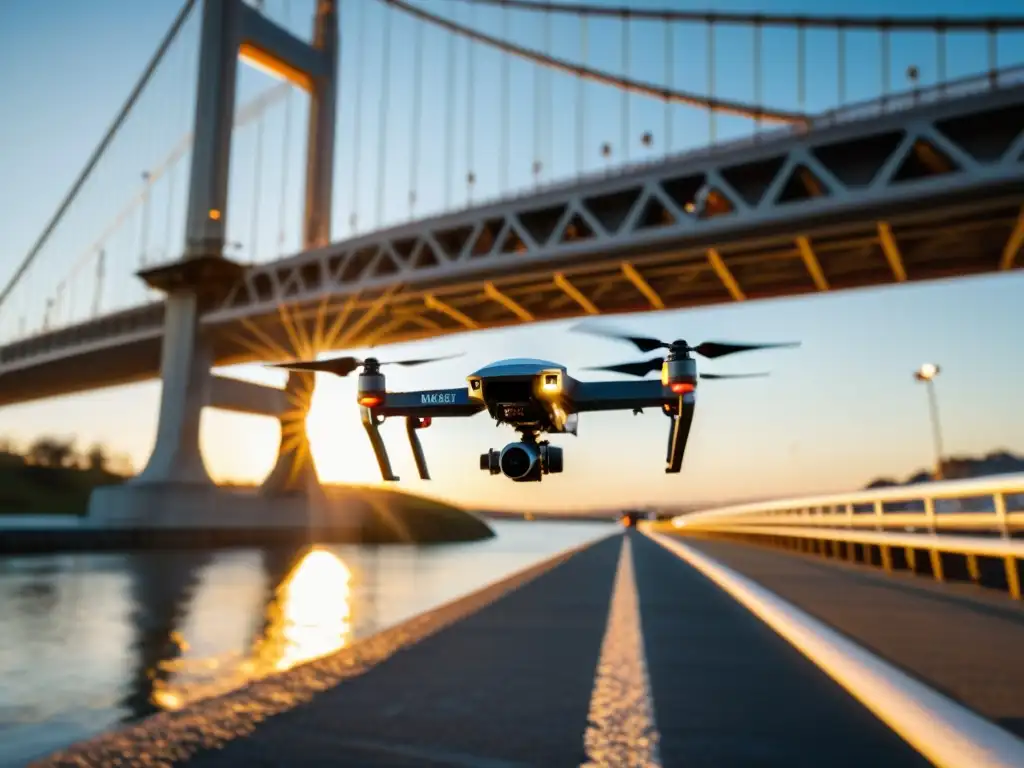 Fotogrametría con drones en puentes: Drone avanzado captura detalle del majestuoso puente en cálida luz solar