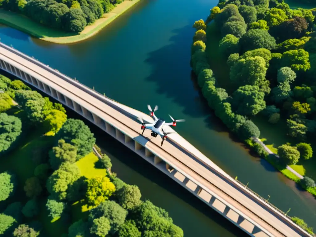 Fotogrametría con drones en puentes: Un drone captura detalles de un majestuoso puente sobre un río, resaltando su belleza arquitectónica