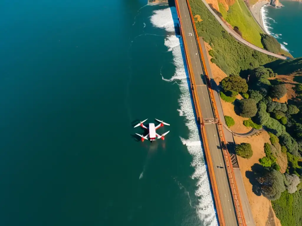 Drones conservación puentes icónicos: Imagen de drone cerca del majestuoso Puente Golden Gate, destacando su arquitectura y belleza atemporal