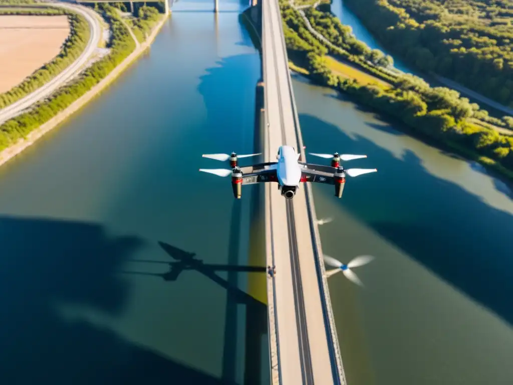 Fotogrametría con drones en puentes: Vista aérea asombrosa de un drone sobre un majestuoso puente, capturando detalles con precisión