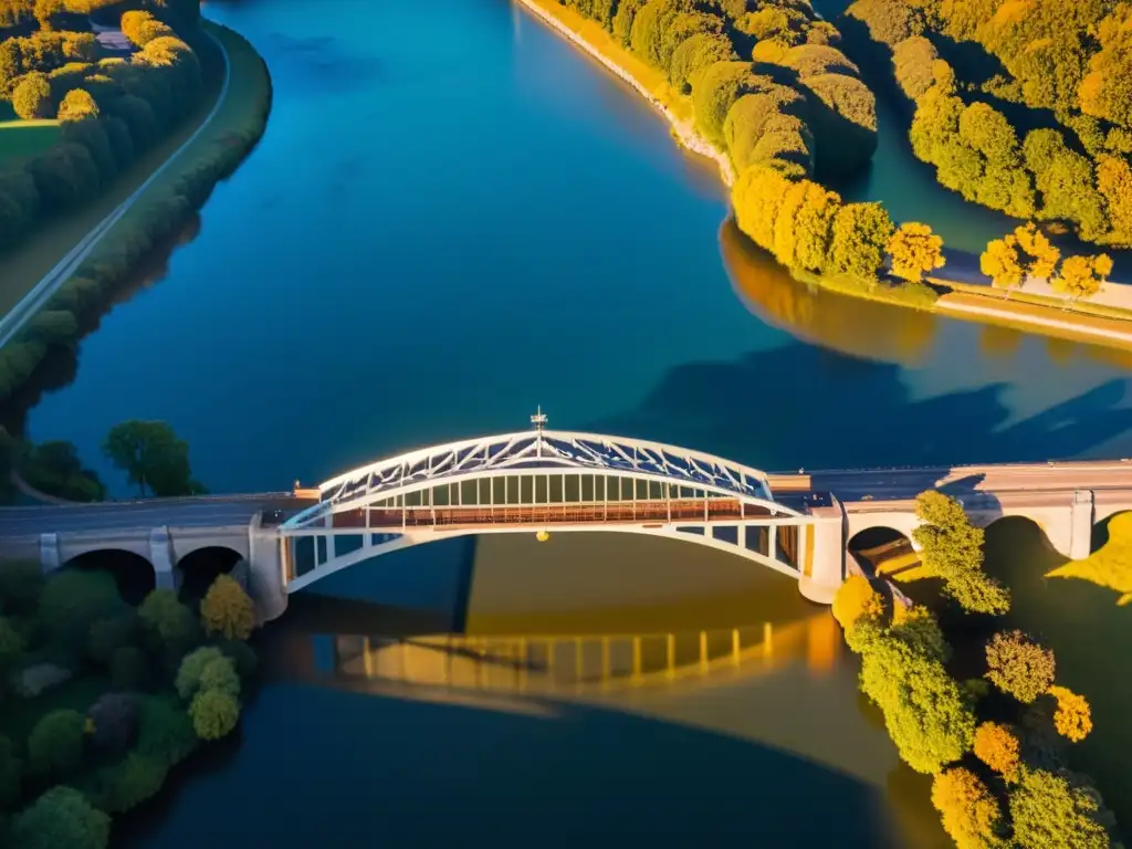 Fotogrametría con drones en puentes: Vista aérea de un puente majestuoso capturado al atardecer, resaltando su arquitectura y detalles