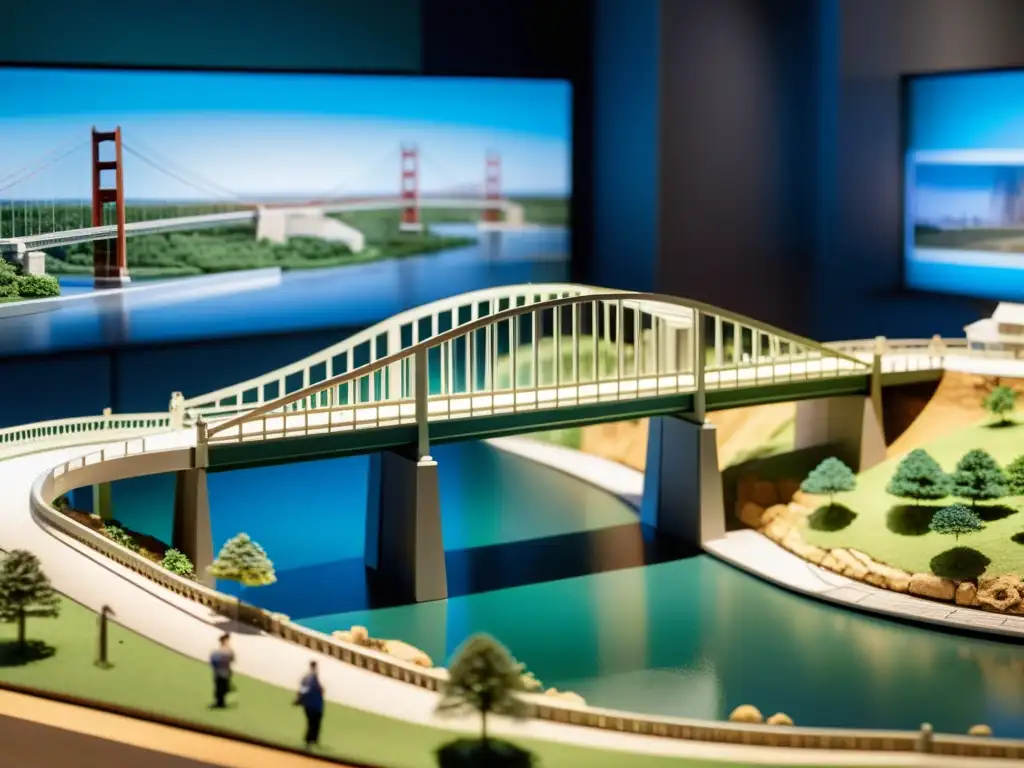 Exhibición educativa de puentes icónicos: modelo detallado de un famoso puente con visitantes interactuando en el museo