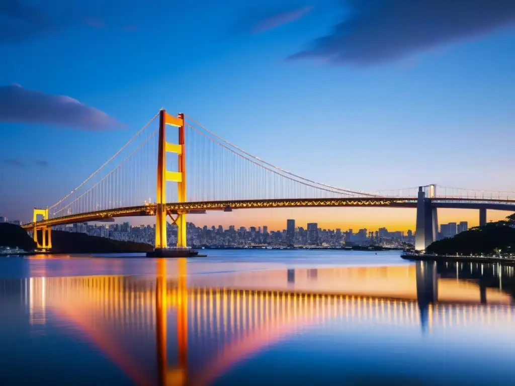 Fotografiar el emblemático atardecer sobre el Puente Arcoíris de Tokio, Japón, reflejado en aguas calmadas de la bahía