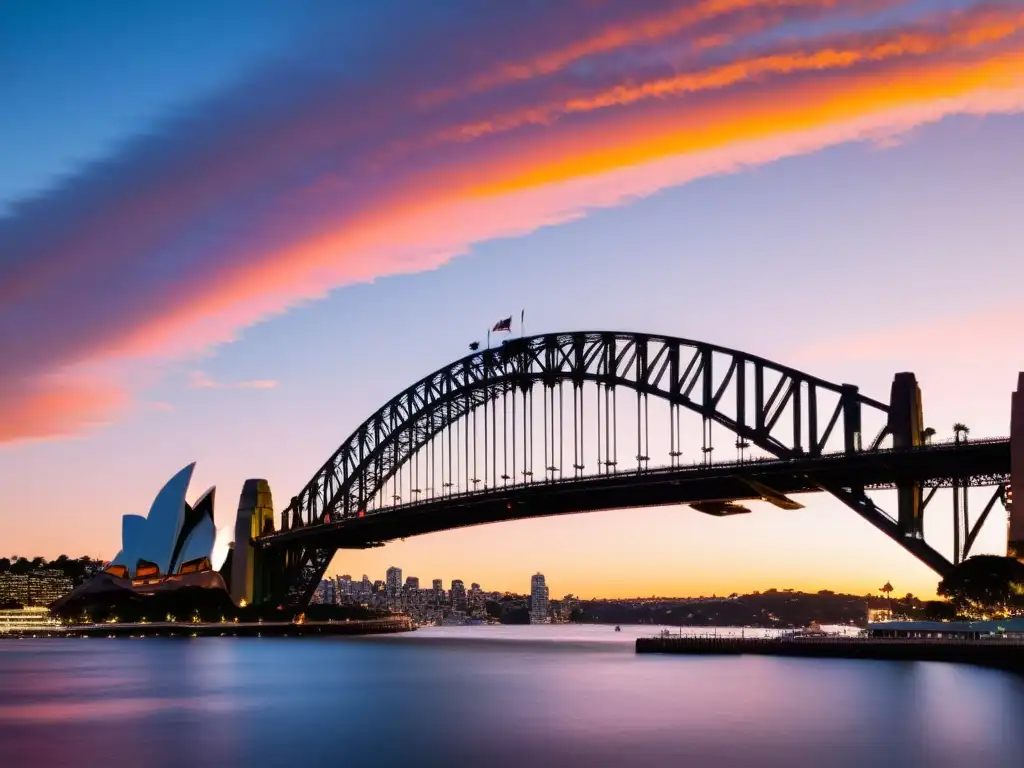 Emblemático puente de Sydney al atardecer, invitando a fotografiar puentes emblemáticos atardecer