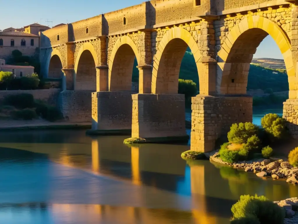 El emblemático Puente de Alcántara bañado por la cálida luz dorada del atardecer, inspirando arte entre sus arcos de piedra