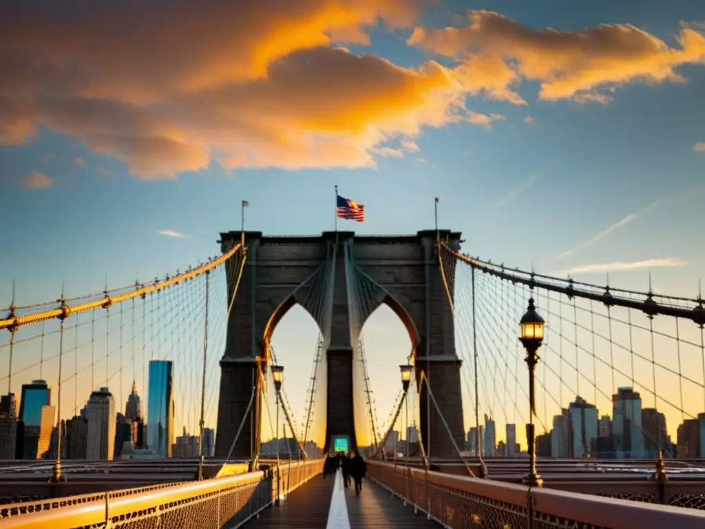 Fotografía del emblemático Puente de Brooklyn al atardecer, resaltando su majestuosa estructura y el vibrante cielo colorido