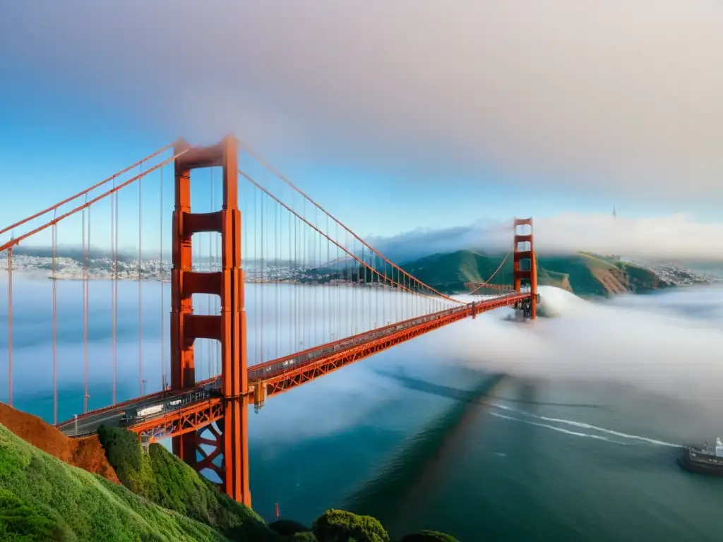 El emblemático puente Golden Gate en San Francisco emerge entre la bruma matutina, creando una atmósfera mística