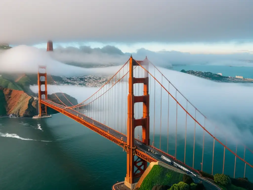 El emblemático puente Golden Gate envuelto en niebla, con la silueta de la ciudad al fondo